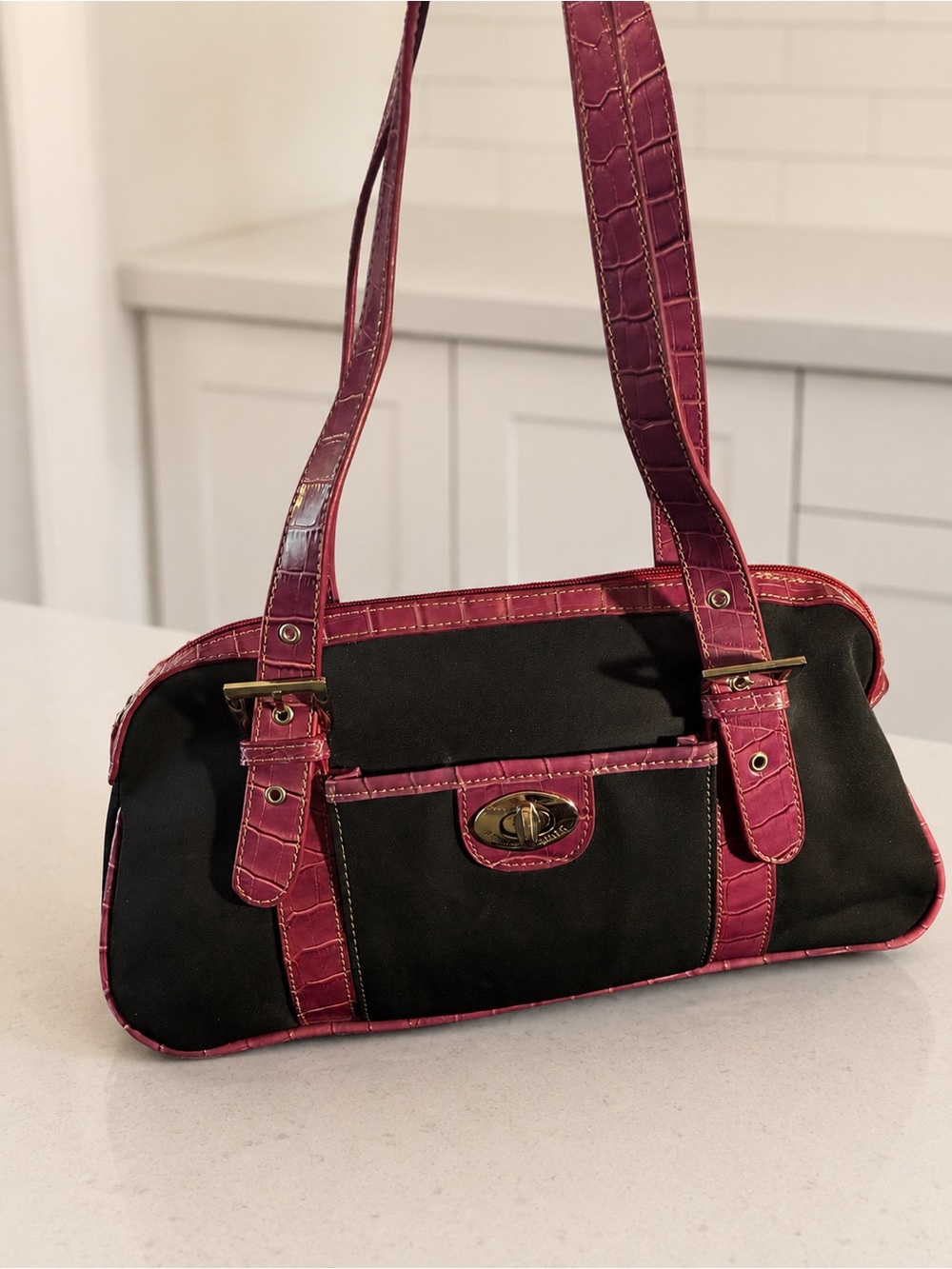 Franco Sarto Black & Magenta Faux Croc Trim Shoulder Bag Y2K Style